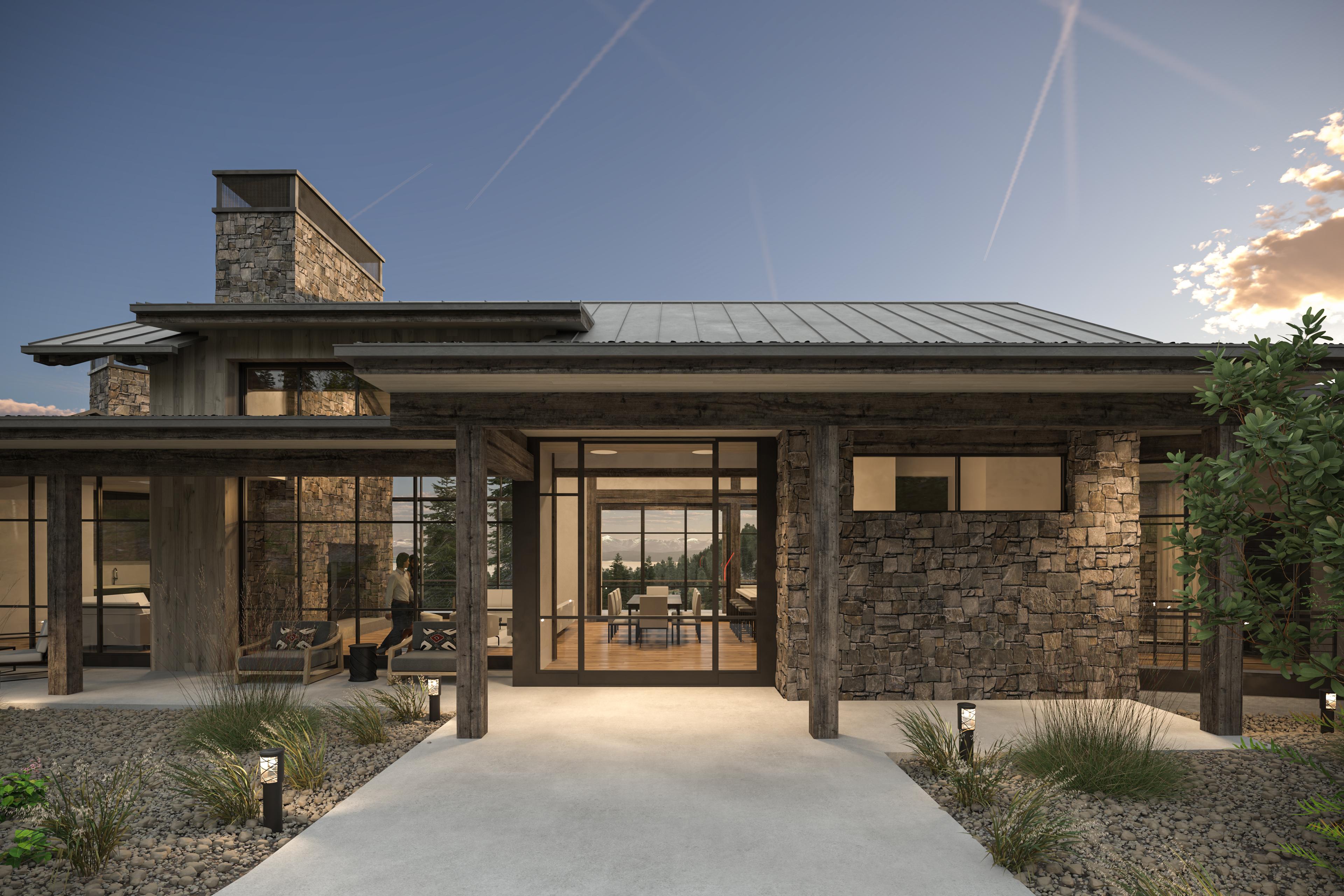 Entry court rendering of a future Armstrong custom home in Montana