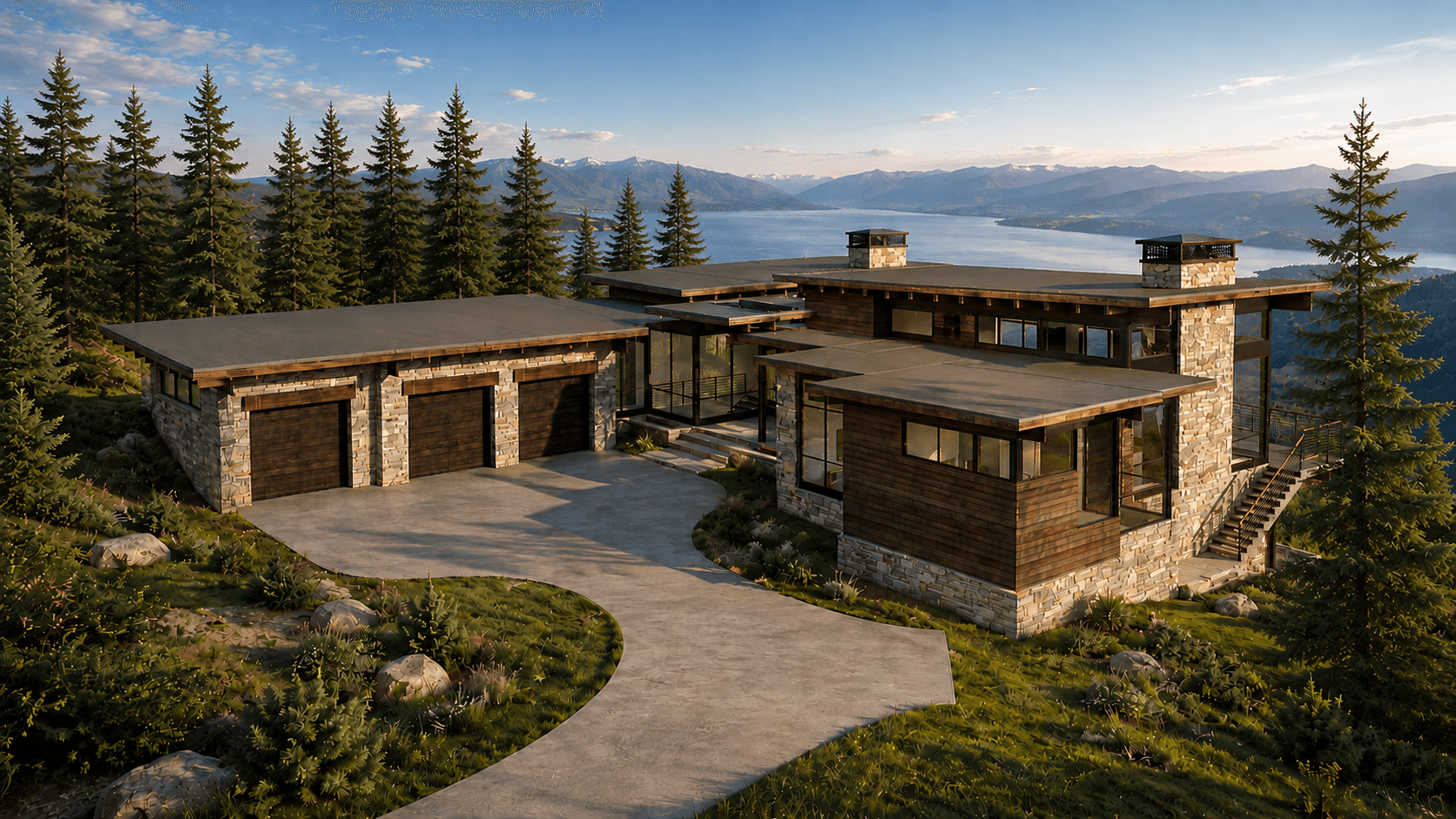 Daytime aerial rendering of a future Armstrong custom home in Montana
