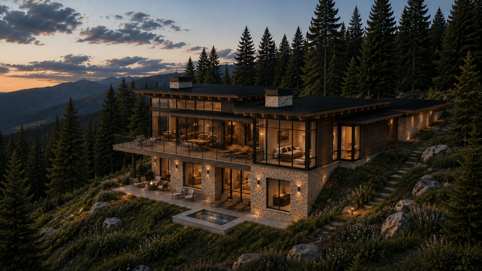 Dusk aerial rendering of a future Armstrong custom home in Montana
