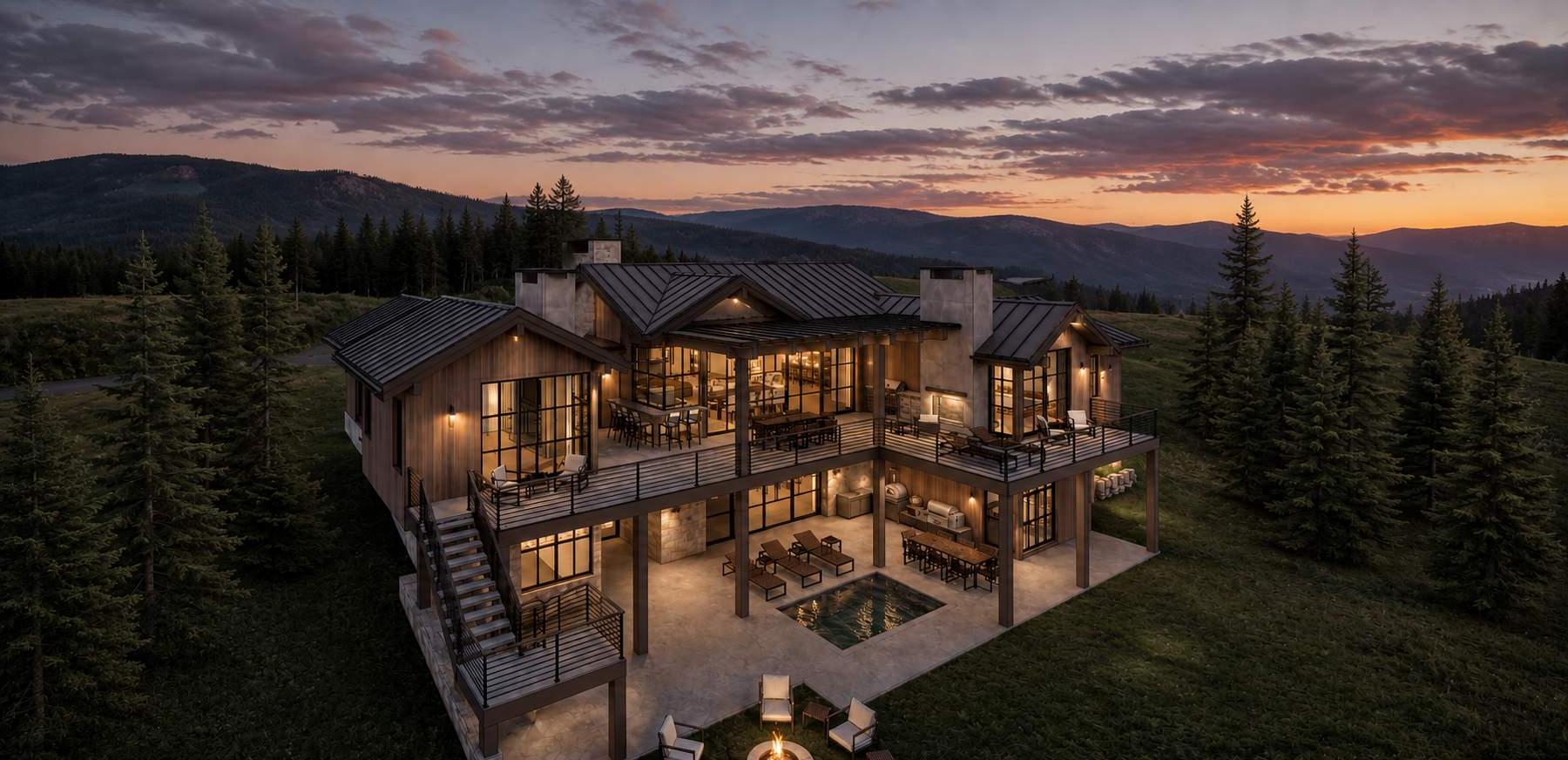Territory 1889 Homesite EE-4 rear deck aerial rendering in Lakeside, Montana